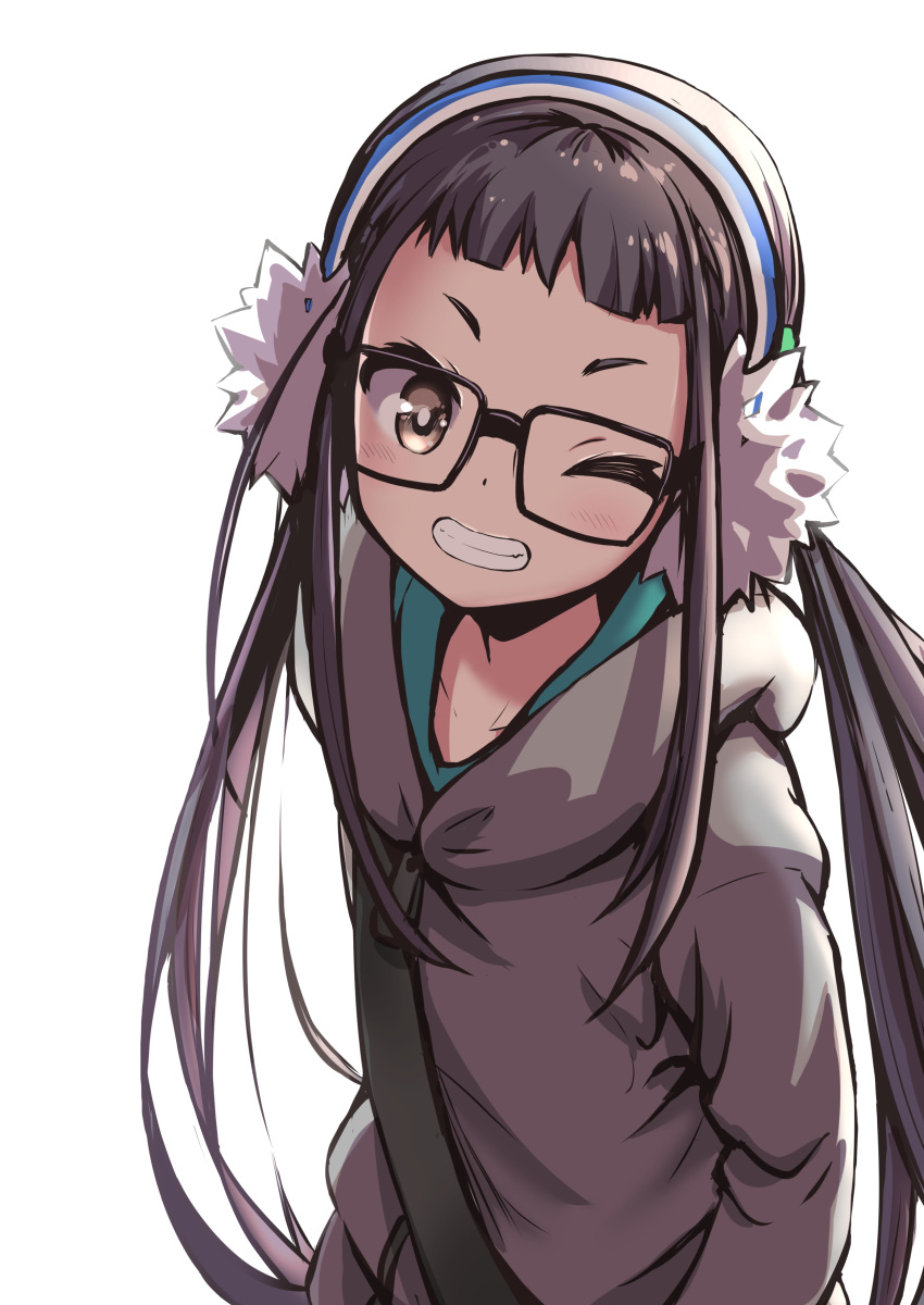 1girl absurdres arms_at_sides backlighting black_hair blue_sweater clenched_teeth commentary_request earmuffs glasses grey_hoodie head_tilt highres hood hoodie light_blush long_hair long_sleeves n2midori one_eye_closed oogaki_chiaki short_bangs simple_background smile solo standing strap sweater teeth twintails upper_body white_background yurucamp zipper