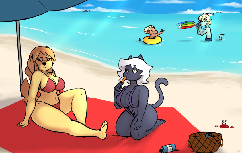 amelia_steelheart anthro arthropod ball beach beach_ball beach_towel beach_umbrella big_breasts bikini bikini_bottom bikini_top black_body black_nose blonde_hair breasts canid canine canis clothing crab crustacean decapoda digitalpelican domestic_cat domestic_dog dragon dragonborn felid feline felis female food glare group hair hi_res huge_breasts inflatable kneeling kobold long_hair malacostracan male mammal marine nemo_(cat_witch) piko pool_float pool_toy popsicle pseftis_crundlequest red_eyes sand scalie sea seaside short_hair sitting sling_bikini swimwear thick_thighs towel umbrella water white_hair yellow_body