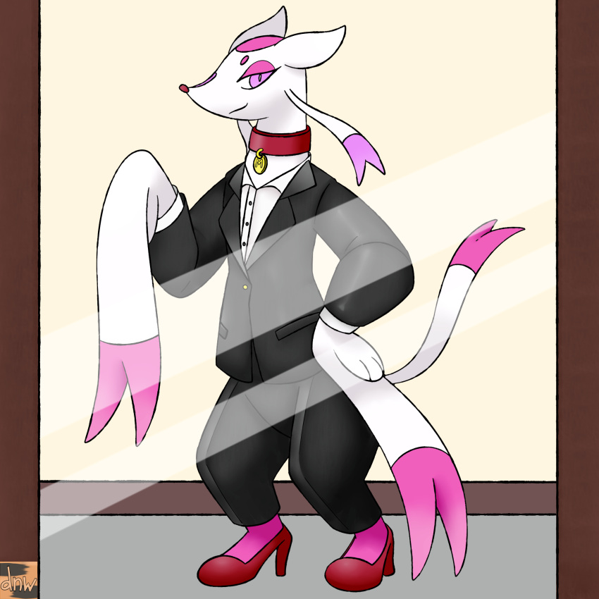 business_suit classy clothing collar collar_tag fancy_clothing female feral hand_on_hip hi_res high_heels looking_at_mirror looking_at_object mammal mienshao mirror misu_nox nintendo pok&eacute;mon pok&eacute;mon_(species) pok&eacute;mon_mystery_dungeon raised_heel reallydarkandwindie shiny_pok&eacute;mon sleeves smile smirk solo standing stylish suit video_games wanderlust