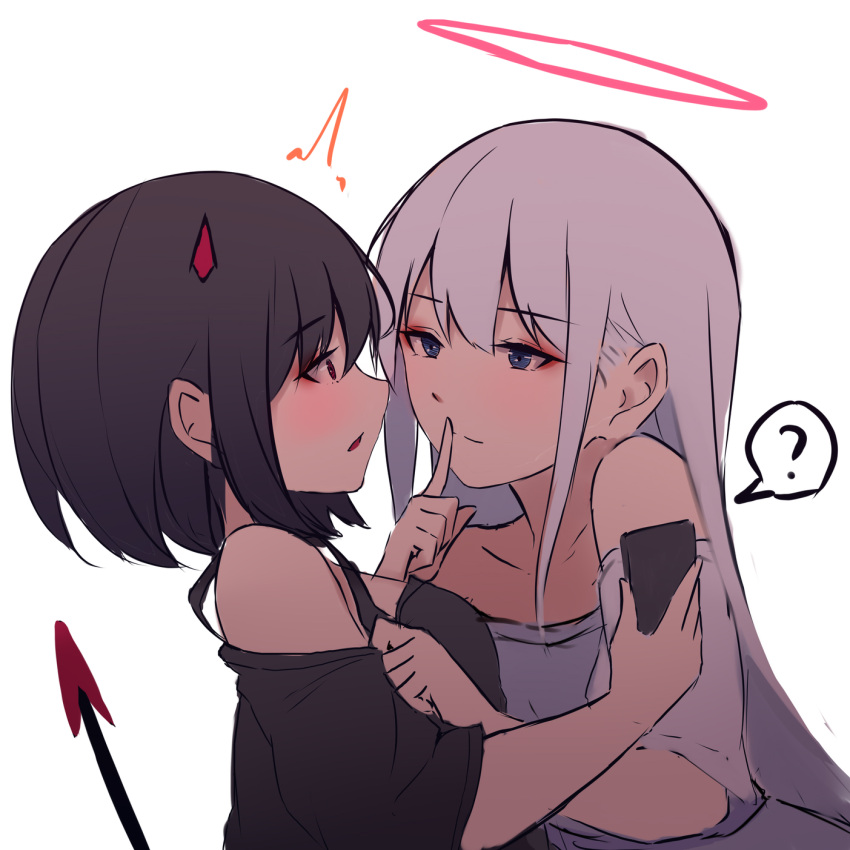 2girls ? ^^^ bangs bare_shoulders black_hair black_shirt blue_eyes breasts cellphone demon_girl demon_horns demon_tail eye_contact eyebrows_visible_through_hair grey_hair hair_between_eyes halo highres holding holding_phone horns long_hair looking_at_another medium_breasts multiple_girls off-shoulder_shirt off_shoulder original phone profile red_eyes shimmer shirt short_hair short_sleeves simple_background spoken_question_mark stiff_tail tail tail_raised very_long_hair white_background white_shirt yuri