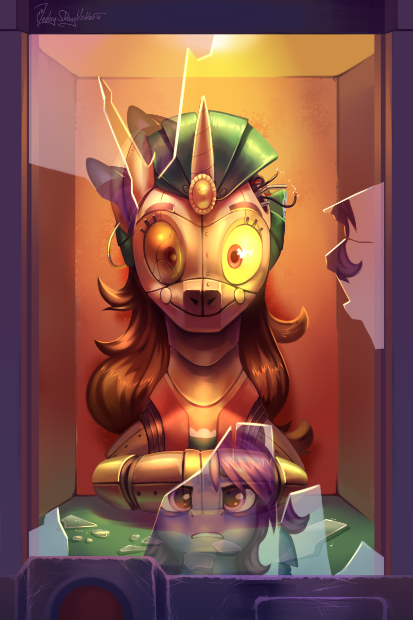 2021 2:3 absurd_res ambiguous_gender animatronic broken_glass brown_hair english_text equid equine fan_character feral fortune_teller fur glass grey_body grey_fur hair hasbro hi_res horn horse jedayskayvoker looking_at_viewer machine mammal mane my_little_pony pony purple_mane quadruped reflection robot signature smile solo text unicorn yellow_eyes