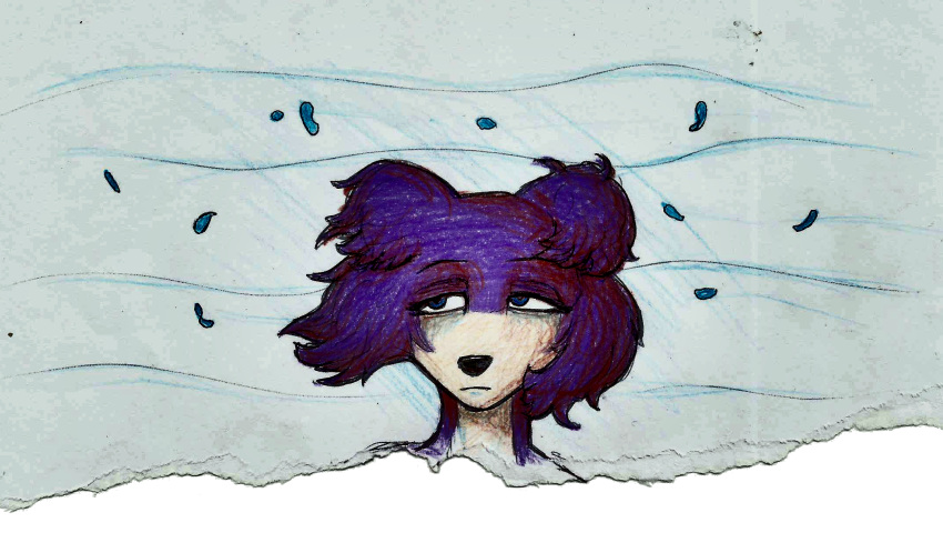 alpha_channel anthro beastars blue_background broken canid canine canis depression female fur headshot_portrait hi_res juno_(beastars) leaf looking_away mammal portrait purple_body purple_fur sad scratches simple_background solo thinking tired tired_eyes tunk_saray_lovesta wind wolf