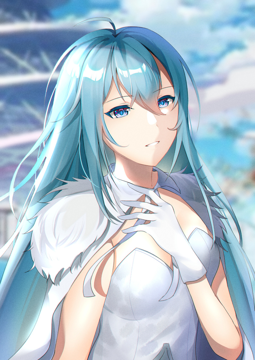 1girl absurdres android blue_hair breasts cleavage cloak dress fur_trim gloves hair_between_eyes hand_on_own_chest highres long_hair messy_hair multicolored multicolored_eyes roa_(yelinan) smile solo standing upper_body vivy vivy:_fluorite_eye's_song white_dress white_gloves