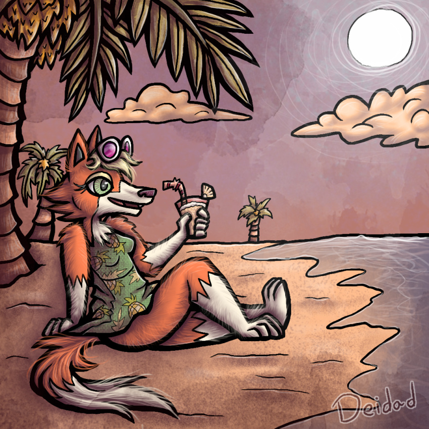 animal_crossing audie_(animal_crossing) beach calm canid canine canis clothed clothing cloud deidad_dissitum dress eyewear female green_eyes hair mammal nintendo orange_body outside palm_tree pina_colada plant relaxing sand seaside sitting sky smile solo sun sunglasses sunset tree video_games water wolf