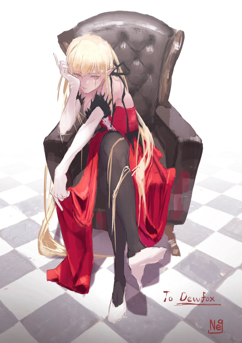 1girl bare_shoulders black_legwear blonde_hair boots crossed_legs dress elbow_gloves gloves hair_ornament hairclip hand_on_own_cheek hand_on_own_face high_heel_boots high_heels highres holding holding_clothes holding_dress kiss-shot_acerola-orion_heart-under-blade kizumonogatari long_dress long_hair looking_down monogatari_(series) neg_(101neg) pantyhose pointy_ears red_dress sitting sleeveless sleeveless_dress very_long_hair white_footwear white_gloves yellow_eyes