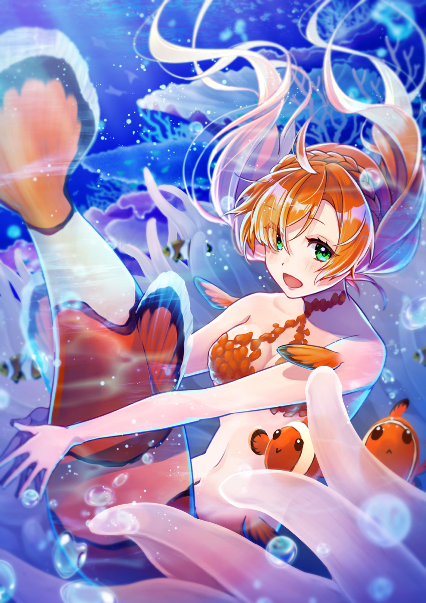 1girl :d ahoge air_bubble anemone_(flower) aqua_eyes bangs bare_shoulders blush braid breasts bubble cleavage clownfish collarbone commentary_request eyebrows_visible_through_hair fins floating_hair flower full_body groin hair_between_eyes highres ichino_tomizuki large_breasts looking_at_viewer mermaid monster_girl navel open_mouth orange_hair original scales sidelocks smile solo_focus stomach underwater