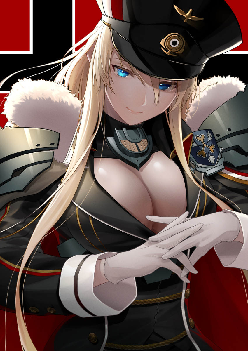 1girl azur_lane bangs bismarck_(azur_lane) bismarck_(coat_of_arms) black_cape black_dress blonde_hair blue_eyes breasts cape cleavage closed_mouth coat_of_arms commentary_request dress eyebrows_visible_through_hair flag_background fur-trimmed_cape fur_trim gloves hair_between_eyes hat highres interlocked_fingers large_breasts long_hair long_sleeves looking_at_viewer medal military military_uniform oshida_bob peaked_cap red_cape sidelocks smile solo standing uniform upper_body