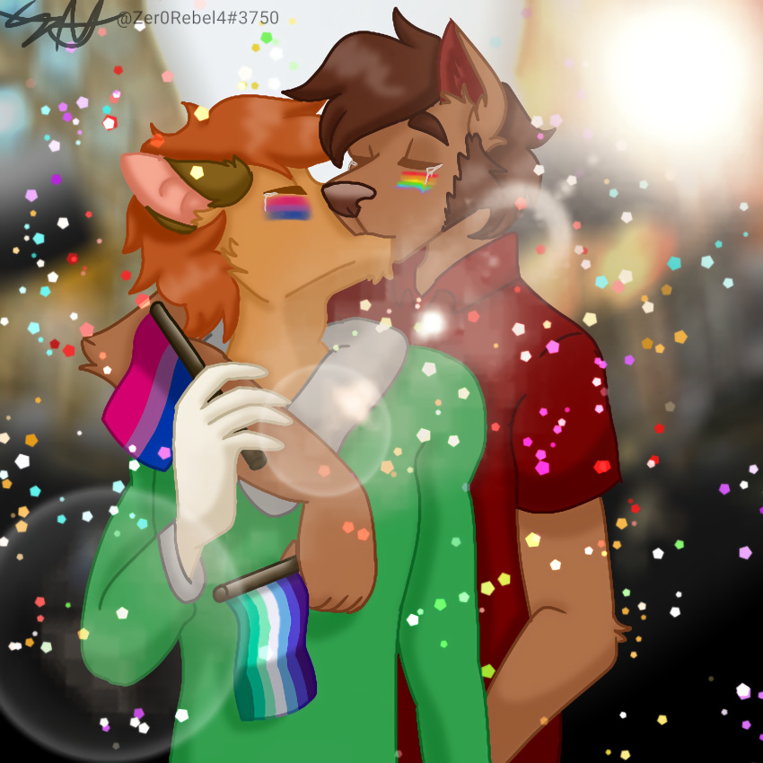 absurd_res ambiguous_gender ambiguous_species anthro arm_over_shoulder background_character bisexual_pride_colors bodily_fluids bodypaint brown_body brown_fur brown_hair brown_markings canid canine canis celebration cheek_tuft chin_tuft clothing colored crying detailed detailed_background didelphid digital_drawing_(artwork) digital_media_(artwork) eyebrows eyes_closed face_paint facial_hair facial_tuft flag fur glitter group hair hi_res holding_object kissing lens_flare lgbt_history_month lgbt_pride long_hair long_sleeves male male/male mammal markings marsupial orange_body orange_fur orange_hair parade pride_colors rainbow_flag rainbow_pride_flag rainbow_symbol romantic romantic_couple shaded shirt short_sleeves side_hug sideburns signature smile sweater tears tears_of_joy thomas_ii_(zer0rebel4) timothy_(zer0rebel4) topwear tuft unknown_species vincian_pride_colors virginia_opossum were werecanid werecanine werewolf white_body white_fur white_markings wolf zer0rebel4