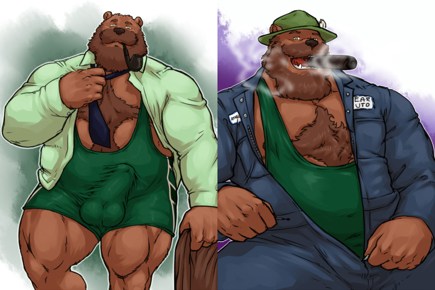 2012 3:2 5_fingers anthro athelstan balls_outline beard biceps biped blue_clothing body_hair brown_bear brown_body brown_fur brown_nose bulge chest_hair cigar clothed clothing digital_drawing_(artwork) digital_media_(artwork) erection facial_hair fangs fingers fur genital_outline green_clothing grisser grizzly_bear hair hairy hat headgear headwear hi_res looking_at_viewer male mammal mature_anthro mature_male multiple_images musclegut muscular muscular_anthro muscular_male mustache necktie open_mouth overalls partially_clothed penis_outline shaded simple_background sitting slightly_chubby smoke smoke_from_mouth smoking smoking_pipe solo standing suit teeth tongue topwear undressing ursid ursine wrestling_singlet yellow_eyes