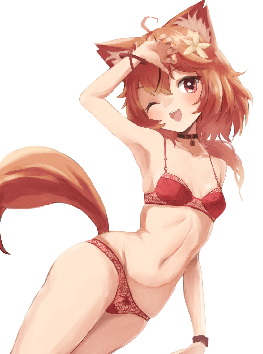 1girl ;d animal_ears borrowed_character bra breasts choker commission fishnet_bra fishnet_panties fishnets highres medium_hair ogu_(oguogu0523) one_eye_closed open_mouth original panties red_bra red_panties short_hair skeb_commission small_breasts smile tail underwear underwear_only