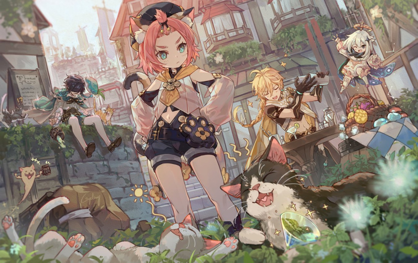 !? +++ 1girl 2boys 2girls aether_(genshin_impact) ahoge alcohol androgynous animal animal_ear_fluff animal_ears bangs bangs_pinned_back banner barrel basket beer_mug belt beret berry black_eyes black_hair blonde_hair blue_hair blush bow braid brooch building cape cat cat_ears cat_girl cat_tail child city clenched_hands closed_eyes closed_mouth collared_cape corset crop_top csyday cup dandelion day detached_sleeves diona_(genshin_impact) dress earrings eyebrows_visible_through_hair faceless faceless_male feather_earrings feathers floating flower frilled_sleeves frills genshin_impact gloves gradient_hair green_eyes green_headwear green_shorts hair_between_eyes hair_ornament halo hand_on_hip hat hat_flower holding jewelry leaf lime_slice long_hair long_sleeves midriff mug multicolored_hair multiple_boys multiple_girls mushroom navel notice_lines one_eye_closed open_mouth outdoors paimon_(genshin_impact) pantyhose pink_hair scarf shaking shirt shoes short_hair short_hair_with_long_locks shorts single_earring sitting smile sneezing sparkle stairs standing stone_stairs stone_wall symbol_commentary table tail thick_eyebrows thighhighs twin_braids venti_(genshin_impact) wall whiskers white_dress white_flower white_hair white_legwear white_shirt window yawning