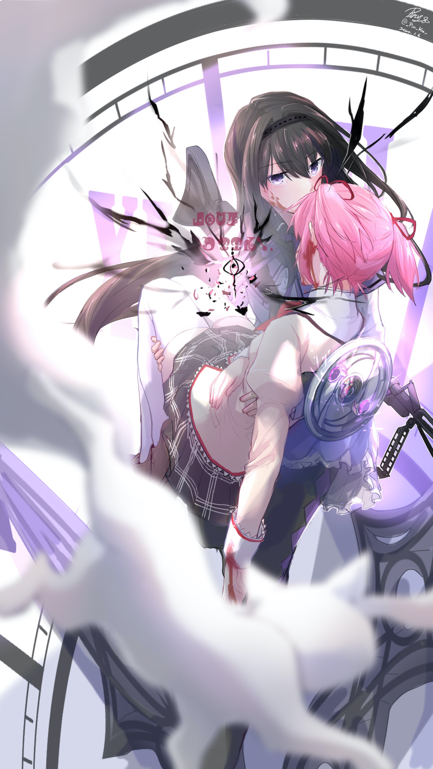 2girls akemi_homura black_hair blood carrying clock grief_seed hair_intakes hair_ribbon hairband highres kaname_madoka kyubey loafers long_hair mahou_shoujo_madoka_magica mitakihara_school_uniform multiple_girls pin.s pink_hair princess_carry purple_eyes ribbon school_uniform shoes skirt tears thighhighs twintails white_legwear