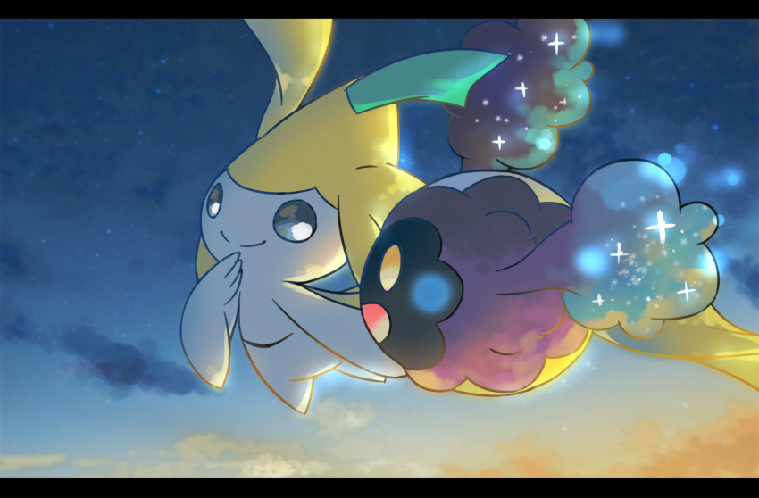 closed_mouth cloud commentary_request cosmog eye_contact flying gen_3_pokemon gen_7_pokemon grey_eyes jirachi legendary_pokemon letterboxed looking_at_another matata mythical_pokemon no_humans open_mouth pokemon pokemon_(creature) sky smile sparkle twilight