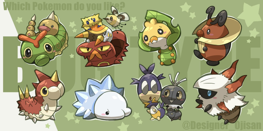 black_eyes blipbug blush_stickers bug caterpie copyright_name cutiefly designer_ojisan fangs fangs_out gen_1_pokemon gen_3_pokemon gen_4_pokemon gen_5_pokemon gen_6_pokemon gen_7_pokemon gen_8_pokemon green_background grubbin highres joltik kricketot larvesta no_humans pokemon pokemon_(creature) riding_pokemon scatterbug sewaddle sizzlipede snom star_(symbol) twitter_username weedle white_fur wurmple