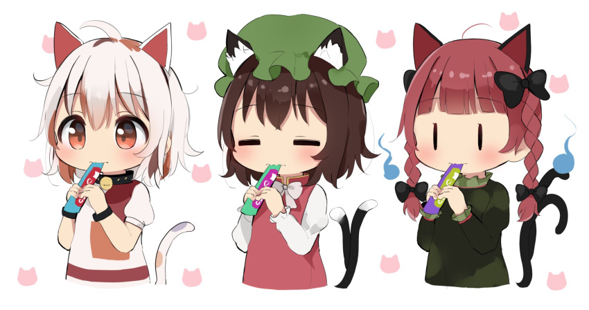 3girls ahoge animal_ear_fluff animal_ears antidote cat_ears cat_tail chen closed_eyes commentary_request cropped_torso eating goutokuji_mike hat highres kaenbyou_rin mob_cap multicolored_hair multiple_girls multiple_tails nekomata red_eyes silver_hair simple_background streaked_hair tail touhou two_tails upper_body white_background |_|