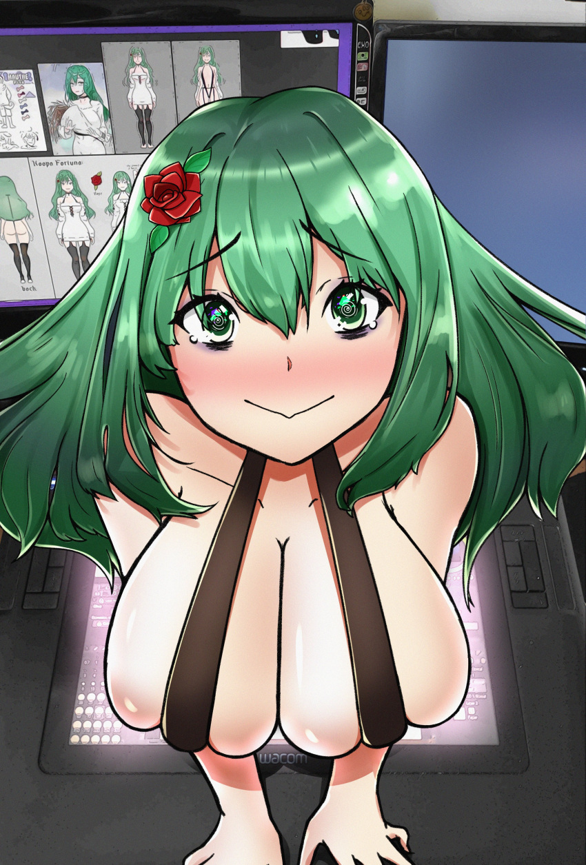 1girl :&gt; @_@ absurdres bags_under_eyes blush breasts cleavage drawing_tablet english_commentary flower green_eyes green_hair hair_flower hair_ornament herd001 highres indie_virtual_youtuber koopa_fortuna large_breasts long_hair looking_at_viewer monitor skindentation slingshot_swimsuit solo swimsuit tearing_up through_screen