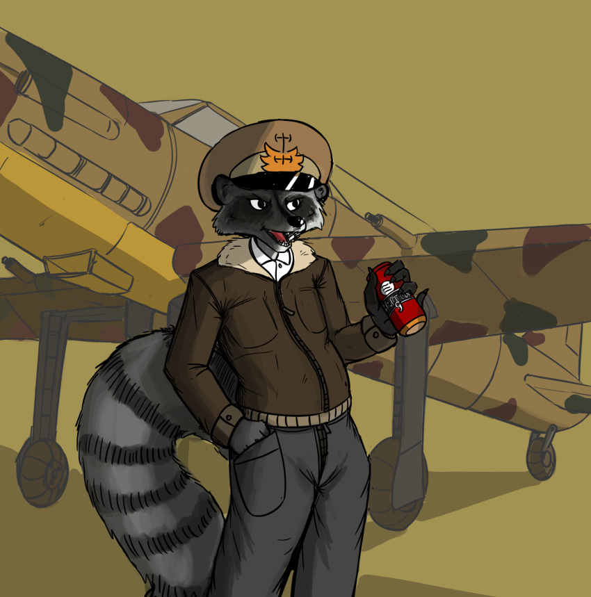 aircraft alcohol anthro beer beverage black_kek clothing hi_res italy jacket male mammal procyonid raccoon solo topwear