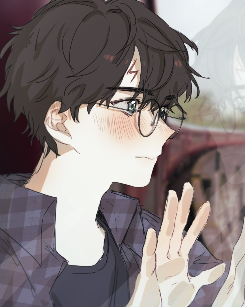 1boy bangs black-framed_eyewear black_hair black_shirt blush commentary_request from_side glass glasses hands_up harry_james_potter harry_potter highres male_focus meoji_(magic_gun) messy_hair plaid plaid_shirt round_eyewear scar shirt short_hair solo upper_body