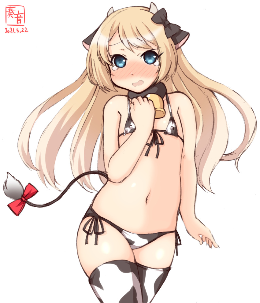1girl alternate_costume animal_ears animal_print artist_logo bikini blonde_hair blue_eyes commentary_request cow_ears cow_horns cow_print cow_tail cowboy_shot dated embarrassed fake_animal_ears fake_horns flat_chest front-tie_top highres horns jervis_(kancolle) kanon_(kurogane_knights) kantai_collection long_hair look-alike lowleg lowleg_bikini one-hour_drawing_challenge side-tie_bikini simple_background solo swimsuit tail thighhighs white_background white_bikini white_legwear