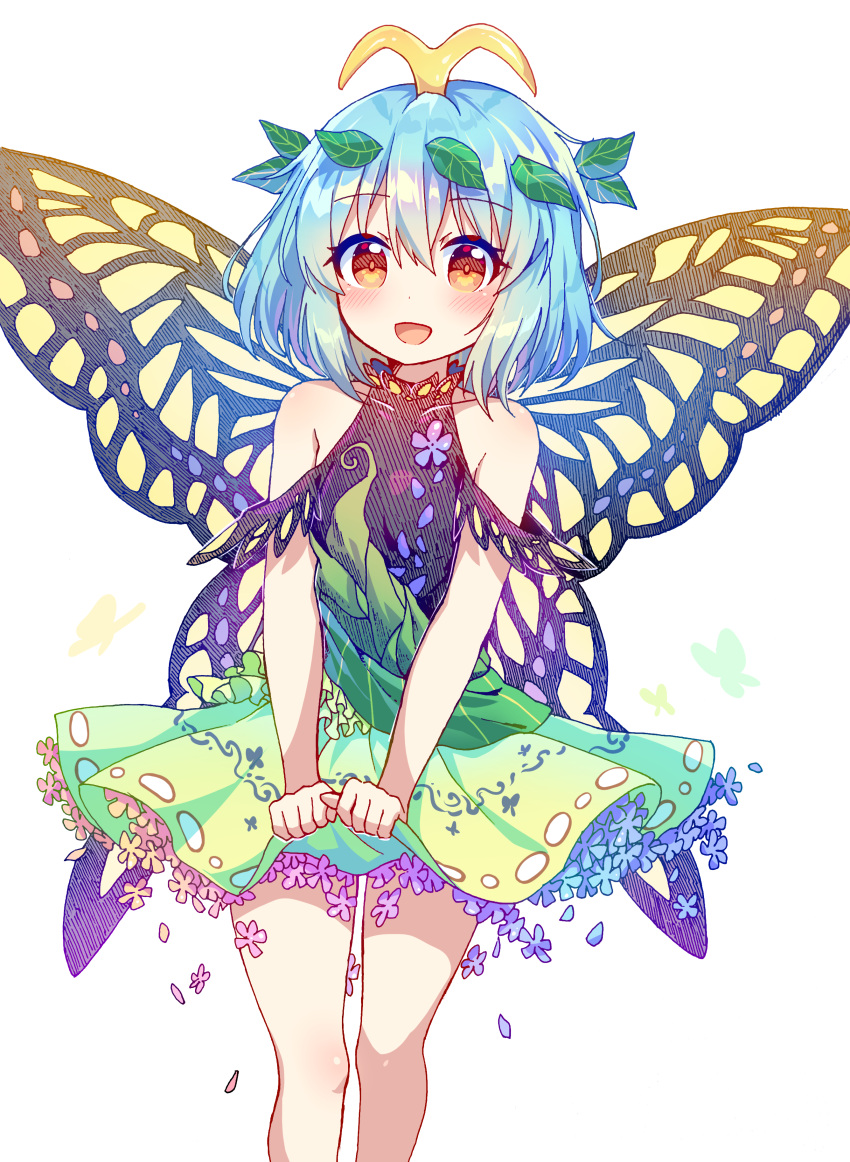 1girl :d absurdres antennae bangs bare_shoulders blue_flower blue_hair blush brown_eyes butterfly_wings caramell0501 commentary dress eternity_larva eyebrows_visible_through_hair feet_out_of_frame flower green_dress hair_between_eyes hair_ornament highres leaf_hair_ornament looking_at_viewer open_mouth purple_flower simple_background smile solo symbol_commentary touhou white_background wings