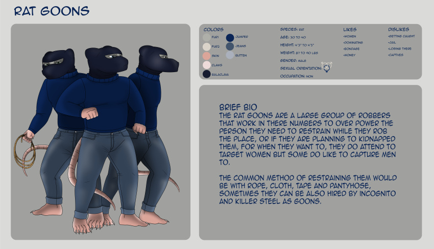 absurd_res anthro balaclava bottomwear clothing color_swatch denim denim_clothing english_text group hi_res jeans jumper lovemummification male mammal mask model_sheet murid murine pants rat rat_goons rodent rope text turtleneck