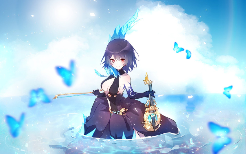 1girl alice_(sinoalice) bad_id bad_twitter_id belt black_dress blue_hair blush breasts bug butterfly choker cleavage closed_mouth clothing_cutout dress gloves headdress highres holding holding_instrument in_water insect instrument looking_at_viewer navel_cutout red_eyes short_hair sinoalice sinochihara sky solo violin water