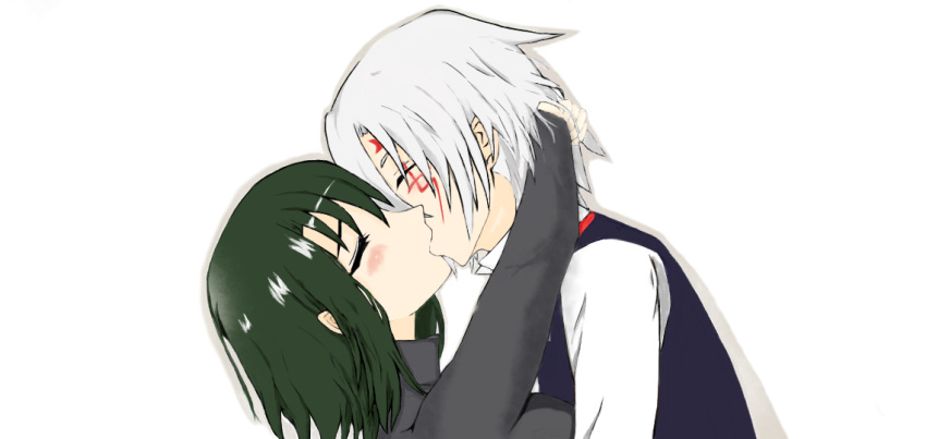 1boy 1girl allen_walker arms_around_neck blush closed_eyes couple d.gray-man facial_mark from_side green_hair hetero kiss lenalee_lee md5_mismatch reyal2420 self_upload short_hair silver_hair simple_background upper_body white_background