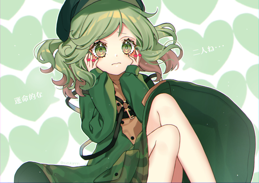 1girl bangs closed_mouth eyebrows_visible_through_hair flat_cap green_eyes green_hair green_headwear green_jacket green_nails hands_on_own_cheeks hands_on_own_face hat heart heart_background jacket key kyouda_suzuka long_sleeves looking_at_viewer medium_hair pocket puffy_sleeves solo touhou yamashiro_takane