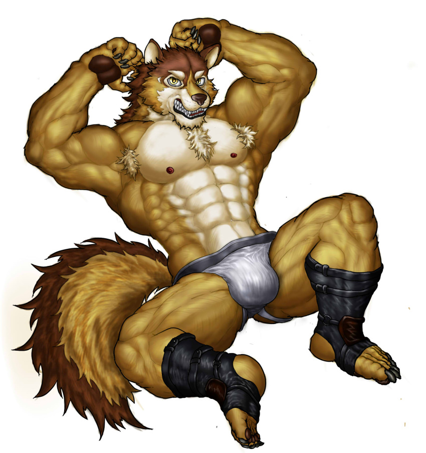 abs anthro armpit_hair barrel_(live-a-hero) body_hair canid canine canis clothing hi_res jockstrap live-a-hero male mammal muscular muscular_anthro muscular_male nipples overshoot pecs sharp_teeth solo teeth underwear video_games wolf