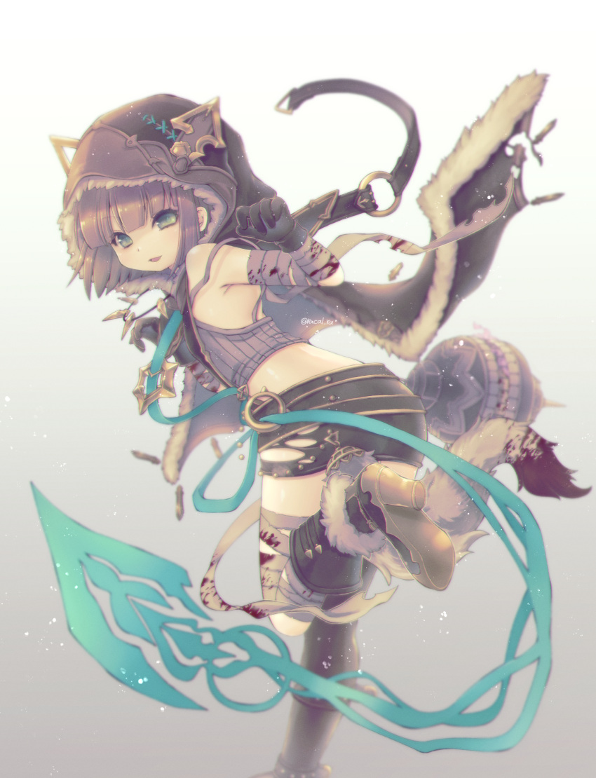 1boy absurdres asymmetrical_legwear bandages bangs black_gloves blood blood_splatter bloody_bandages bloody_clothes blunt_bangs bob_cut boots brown_hair cape crop_top fur_trim gloves green_eyes gretel_(sinoalice) hansel_(sinoalice) highres hood hood_up looking_at_viewer male_focus open_mouth otoko_no_ko racal_ra short_hair sinoalice skirt solo tail tail_ornament thighhighs torn_clothes