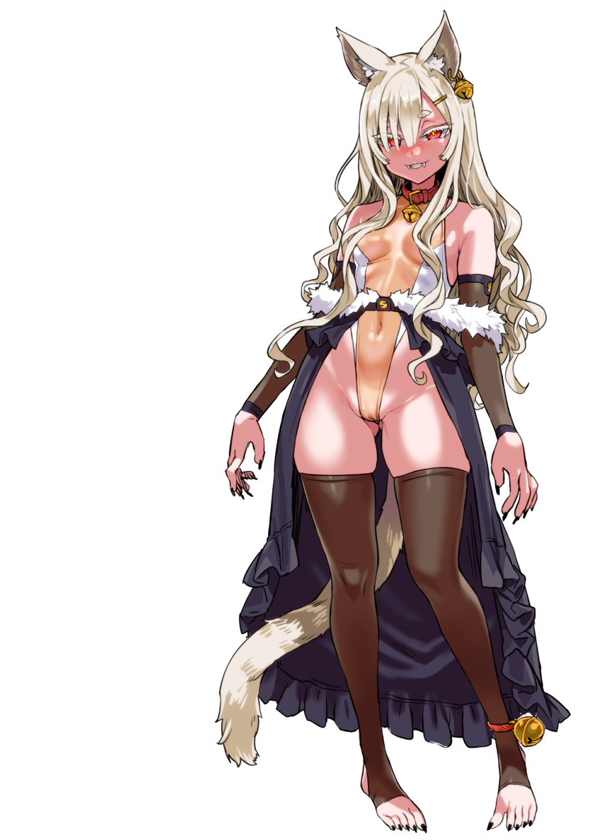 1girl animal_ears asanagi ass_visible_through_thighs bangs bare_shoulders bell black_legwear black_nails blonde_hair breasts cameltoe covered_navel detached_sleeves earrings eyelashes fangs full_body fur_trim grin highres hikimayu jewelry leotard long_hair looking_at_viewer neck_bell original red_eyes small_breasts smile solo thighhighs