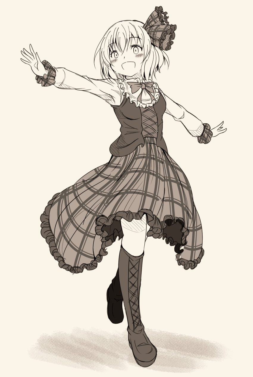 1girl :d alternate_costume bangs boots bow bowtie cross-laced_footwear erechan full_body greyscale hair_ribbon highres knee_boots long_sleeves looking_at_viewer monochrome open_mouth outstretched_arms plaid plaid_ribbon plaid_skirt ribbon rumia shirt short_hair simple_background skirt smile solo spread_arms standing standing_on_one_leg touhou