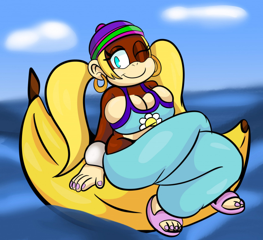 anthro banana beanie big_breasts breast_squish breasts clothing crossed_legs donkey_kong_(series) female food footwear fruit hat headgear headwear kong looking_at_viewer mammal nintendo one_eye_closed plant primate sandals solo someth1ngoranother squish tiny_kong video_games water wink