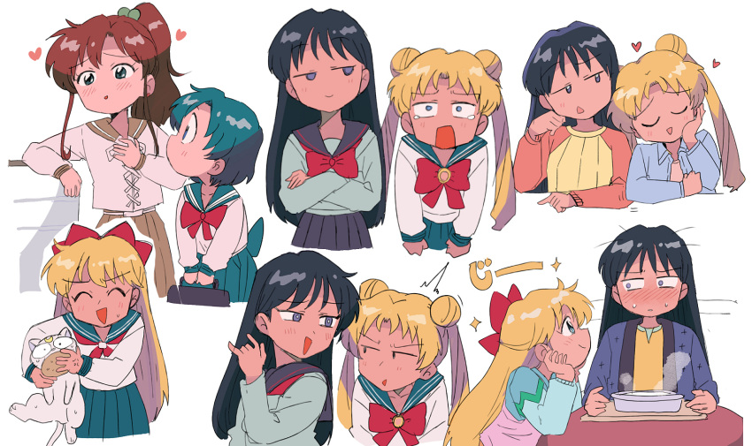 5girls :d aino_minako animal artemis_(sailor_moon) bangs bishoujo_senshi_sailor_moon black_hair black_sailor_collar black_skirt blonde_hair blue_eyes blue_hair blue_sailor_collar blue_skirt blush bow briefcase brown_hair brown_sailor_collar brown_skirt cat closed_eyes closed_mouth crescent crescent_facial_mark crossed_arms double_bun eye_contact eyebrows_visible_through_hair facial_mark forehead_mark grey_shirt hair_bobbles hair_bow hair_ornament hand_on_own_cheek hand_on_own_face hand_up hands_on_own_cheeks hands_on_own_face hands_up heart highres hino_rei holding holding_animal holding_briefcase holding_cat juuban_middle_school_uniform kino_makoto kino_makoto's_school_uniform long_hair long_sleeves looking_at_another mizuno_ami multiple_girls neckerchief open_mouth pleated_skirt ponytail red_bow red_neckerchief sailor_collar school_briefcase school_uniform serafuku shirt short_hair simple_background skirt smile smug sparkle steam sweat ta_girls_school_uniform tears tsubobot tsukino_usagi twintails white_background white_cat white_shirt