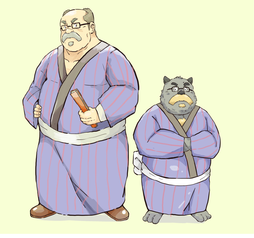 2015 absurd_res andikapatok anthro canid canine clothing eyewear facial_hair fur ghibli glasses grey_body grey_fur hi_res human kemono male mammal mustache overweight overweight_male pom_poko raccoon_dog robe simple_background solo tanuki