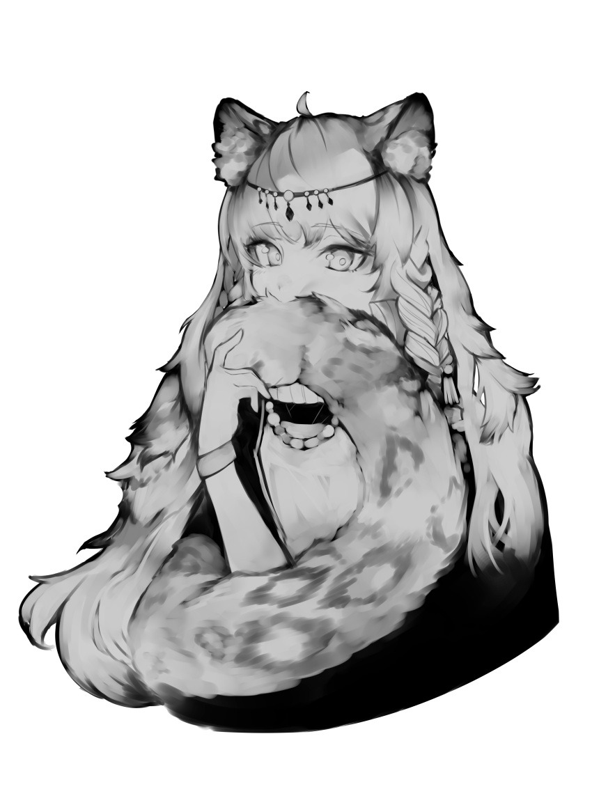 1girl absurdres animal_ear_fluff animal_ears arknights bangs bead_necklace beads black_cape cape cat_ears covering_mouth grey_eyes greyscale head_chain highres holding_tail jewelry leopard_ears leopard_girl leopard_tail long_hair looking_at_viewer monochrome necklace pramanix_(arknights) side_braids solo spotted_fur tail tail_on_face turtleneck_dress upper_body vantsuki wristband