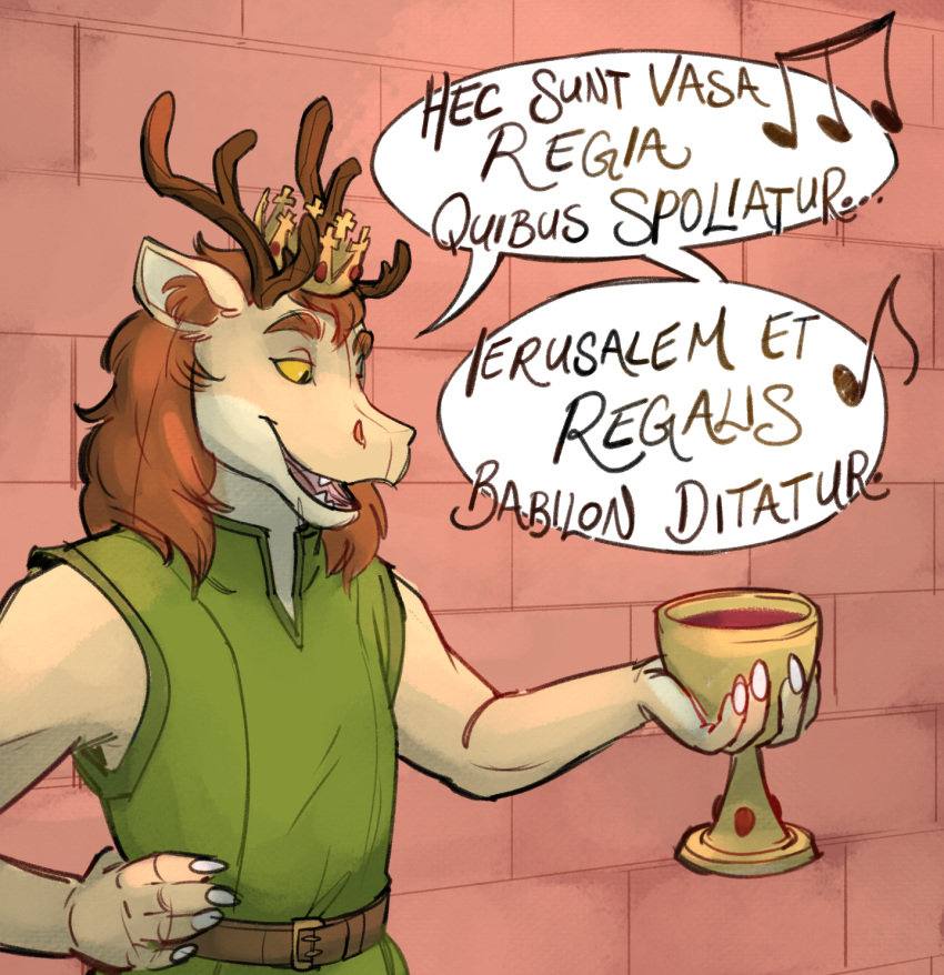 alcohol anthro antlers beverage carmina_burana castle comic crown dragon forked_tongue happy hi_res hisseefit horn latin_text male mane muscular muscular_male open_mouth prince prince_borgon royalty singing solo song speech_bubble story story_in_description text tongue translated wine