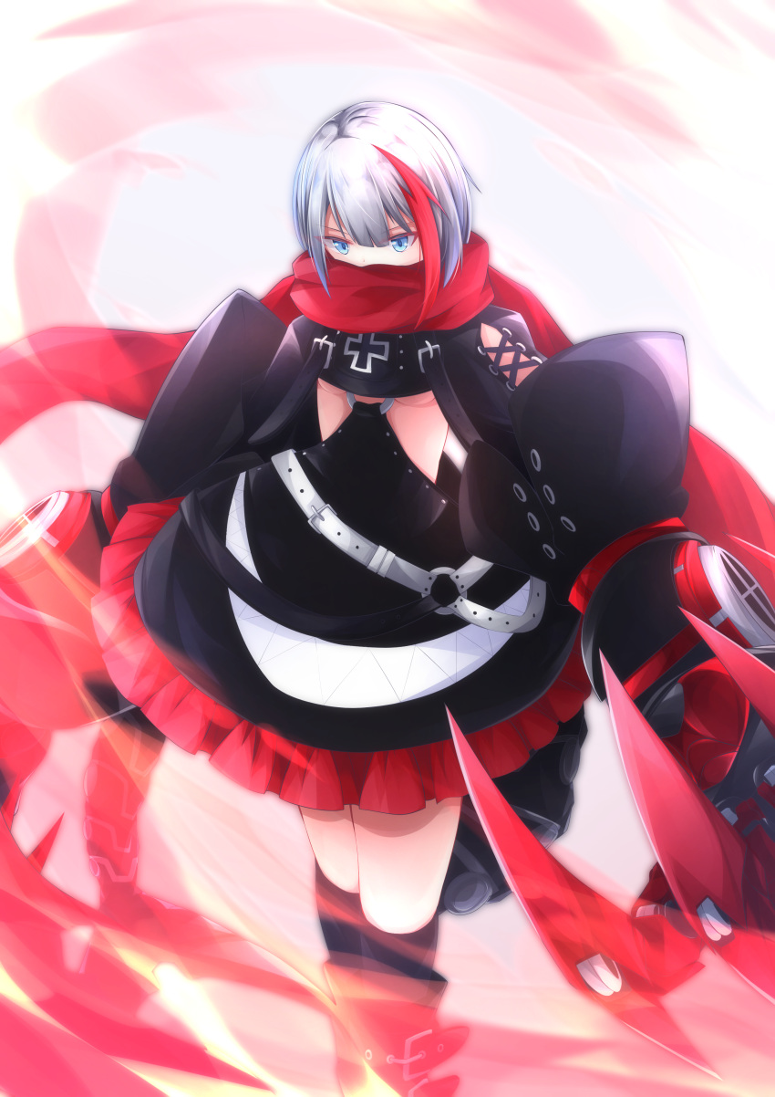 1girl absurdres admiral_graf_spee_(azur_lane) azur_lane belt black_dress black_footwear black_legwear blue_eyes boots breasts clawed_gauntlets clothing_cutout covered_mouth dress frilled_dress frills highres iron_cross kneehighs looking_at_viewer mechanical_tail medium_hair multicolored_hair osatou_(soul_of_sugar) red_hair red_scarf scarf silver_hair solo streaked_hair tail two-tone_hair underboob underboob_cutout white_belt
