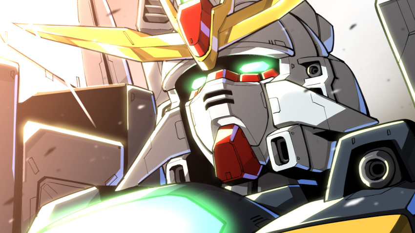 after_war_gundam_x close-up glowing glowing_eyes gradient gradient_background gundam gundam_double_x highres mecha no_humans portrait shouji_nigou v-fin