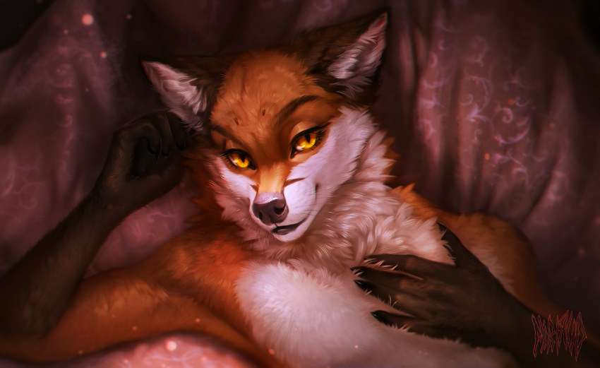 2020 5_fingers amias_volpecula anthro black_lips black_nose brown_body brown_fur canid canine eyebrows fingers fluffy fox fur hi_res humanoid_hands lips looking_at_viewer lying male mammal mirtrud multicolored_body multicolored_fur on_back orange_body orange_eyes orange_fur solo white_body white_fur
