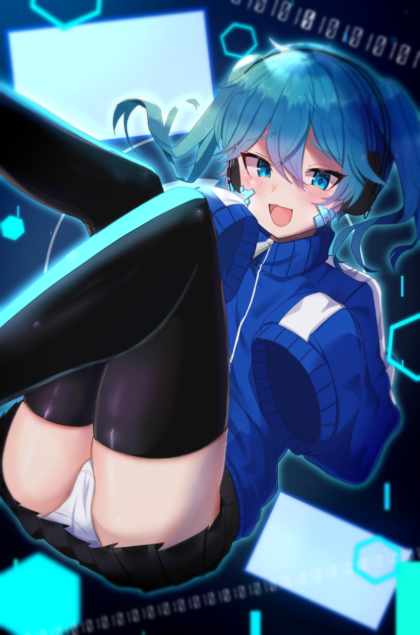 1girl :d absurdres ass binary black_legwear black_skirt blue_eyes blue_hair blue_jacket blush commentary_request ene_(kagerou_project) floating from_below hair_between_eyes hand_on_own_cheek hand_on_own_face headphones highres jacket kagerou_project knees_together_feet_apart knees_up leg_up legs merutoro10 miniskirt open_mouth panties pleated_skirt screen skindentation skirt smile solo striped striped_legwear thighhighs thighs track_jacket twintails underwear upskirt vertical-striped_legwear vertical_stripes very_long_sleeves white_panties