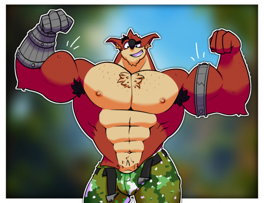 abs activision anthro armpit_hair bandicoot biceps body_hair bottomwear chest_hair clothed clothing crash_bandicoot_(series) crunch_bandicoot flexing male mammal marsupial mechanical_arm muscular muscular_anthro muscular_male nipples pants pants_down partially_clothed pecs pubes red_body smile smirk solo teeth video_games virdemis