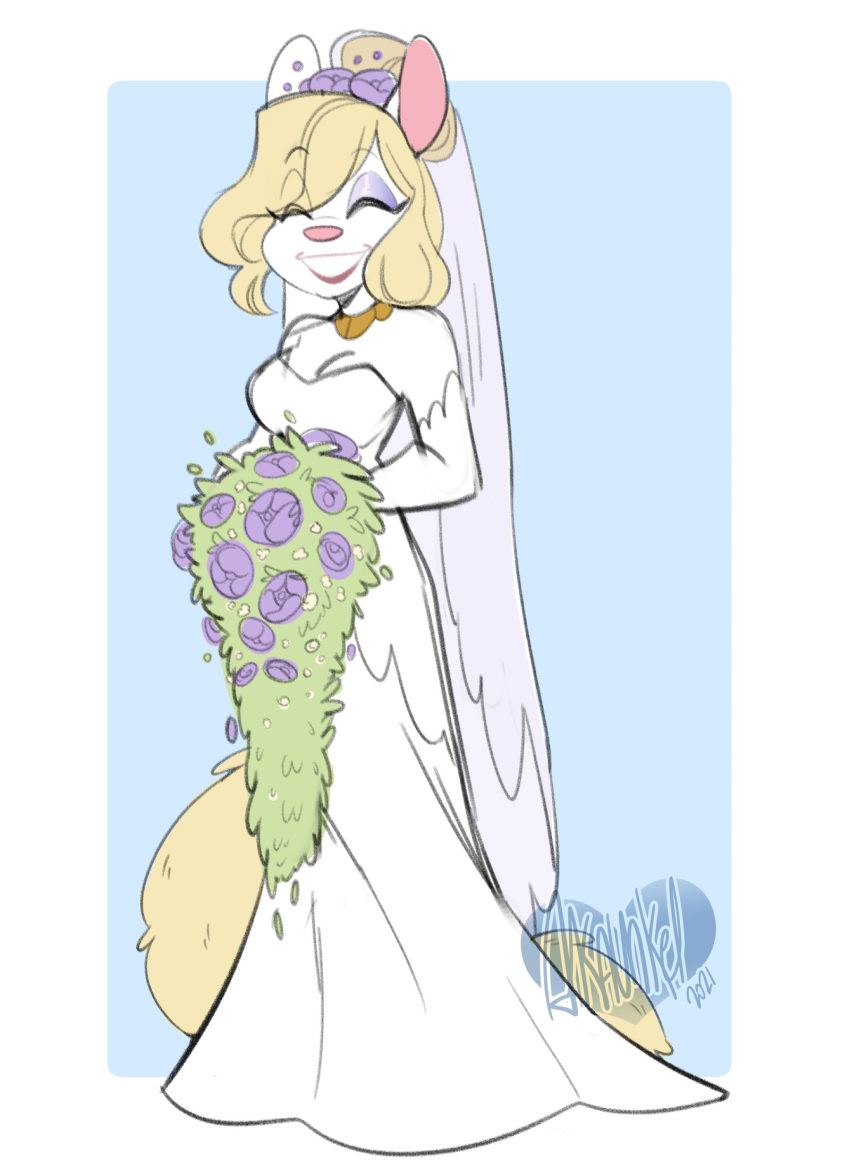 akaunkel animaniacs anthro border bouquet clothing dress eyes_closed female flower hi_res jewelry mammal minerva_mink mink mustelid musteline necklace plant solo true_musteline warner_brothers wedding_dress white_border