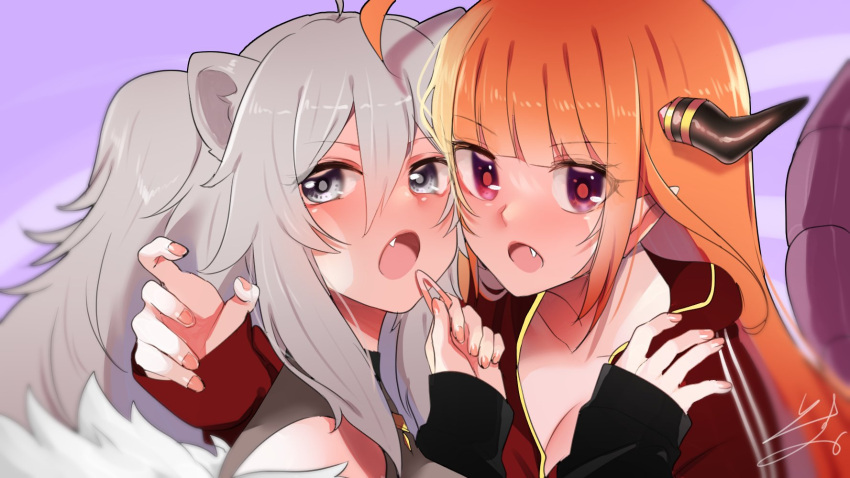 2girls ahoge animal_ears arm_around_shoulder bangs bare_shoulders blonde_hair blunt_bangs breasts cheek-to-cheek cleavage close-up collarbone commentary_request dragon_girl dragon_horns dragon_tail eyebrows_visible_through_hair eyes_visible_through_hair fang fur-trimmed_jacket fur_trim grey_eyes grey_hair hair_between_eyes hair_ornament hairclip_removed hand_on_another's_shoulder hand_up head_to_head highlights highres holding_hair_ornament hololive hood hood_down hooded_track_jacket horns isuka jacket kiryu_coco lion_ears lion_tail long_hair long_sleeves looking_at_viewer looking_to_the_side multicolored_hair multiple_girls official_alternate_costume open_mouth orange_hair pointy_ears purple_background red_eyes red_jacket shishiro_botan sidelocks signature simple_background sleeves_past_wrists streaked_hair tail track_jacket upper_body virtual_youtuber