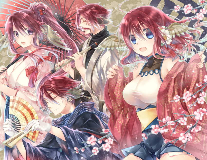 2boys 2girls ahoge animal_ears antenna_hair bare_shoulders blue_eyes breasts brother_and_sister cherry_blossoms closed_eyes closed_mouth covered_collarbone cowboy_shot facial_hair fan fang father_and_daughter father_and_son feathers flower flute genho_(utawarerumono) gloves hair_between_eyes hair_flower hair_ornament head_wings instrument japanese_clothes kanan_yt kimono leotard long_hair looking_at_viewer looking_away medium_breasts medium_hair multiple_boys multiple_girls mustache nosuri open_clothes open_kimono open_mouth ougi ponytail profile purple_eyes purple_hair red_hair short_hair short_kimono siblings smile tareme taut_clothes taut_leotard tight touka_(utawarerumono) umbrella utawarerumono utawarerumono:_itsuwari_no_kamen wide_sleeves