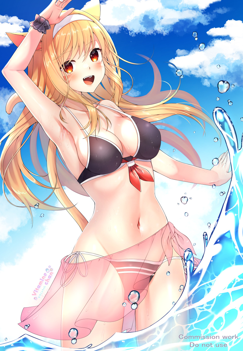 1girl :d absurdres animal_ears arm_up armpits artist_name bangs bare_shoulders bikini black_bikini blonde_hair blue_sky breasts cat_ears commission eyebrows_visible_through_hair facial_mark final_fantasy final_fantasy_xiv groin headband highres huge_filesize in_water large_breasts long_hair miqo'te navel open_mouth outdoors pink_sarong red_eyes sarong scrunchie side-tie_bikini sidelocks sky smile splashing stomach summer swimsuit upper_teeth vitaminechan wrist_scrunchie