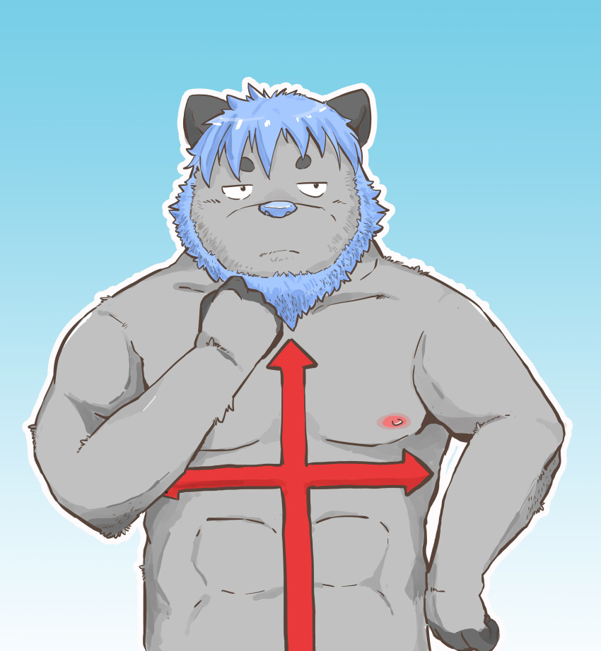 2015 absurd_res andikapatok anthro blue_hair canid canine canis fur grey_body grey_fur hair hi_res humanoid_hands kemono male mammal nipples simple_background solo wolf