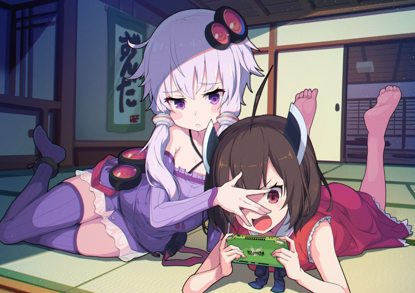 2girls :&lt; ahoge architecture blush_stickers brown_hair commentary criss-cross_halter detached_sleeves dress east_asian_architecture feet_up furrowed_brow hair_ornament hair_tubes halterneck hand_over_another's_eyes hand_over_face handheld_game_console hanging_scroll headgear hibi_tsuna highres hip_gear lying multiple_girls on_side on_stomach open_mouth pout purple_dress purple_eyes purple_hair purple_legwear purple_sleeves red_dress red_eyes scroll short_hair sidelocks skindentation sleeveless sleeveless_dress sliding_doors smile tatami thighhighs touhoku_kiritan translated v-shaped_eyebrows voiceroid yuzuki_yukari