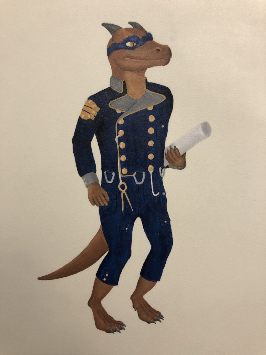 absurd_res ambiguous_gender anthro barefoot biped brown_body claws clothed clothing feet finger_claws fully_clothed grey_claws hi_res holding_object holding_paper horn kasis kobold officer pockets rmmlusitania solo standing toe_claws tools traditional_media_(artwork) uniform