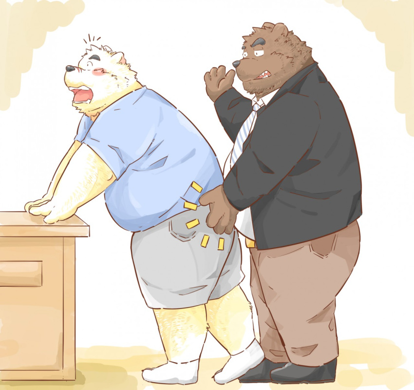 2015 andikapatok anthro belly black_nose blush bottomwear brown_body brown_fur clothing duo fur hi_res humanoid_hands kemono male male/male mammal necktie overweight overweight_male pants polar_bear shirt spanking topwear ursid ursine white_body white_fur